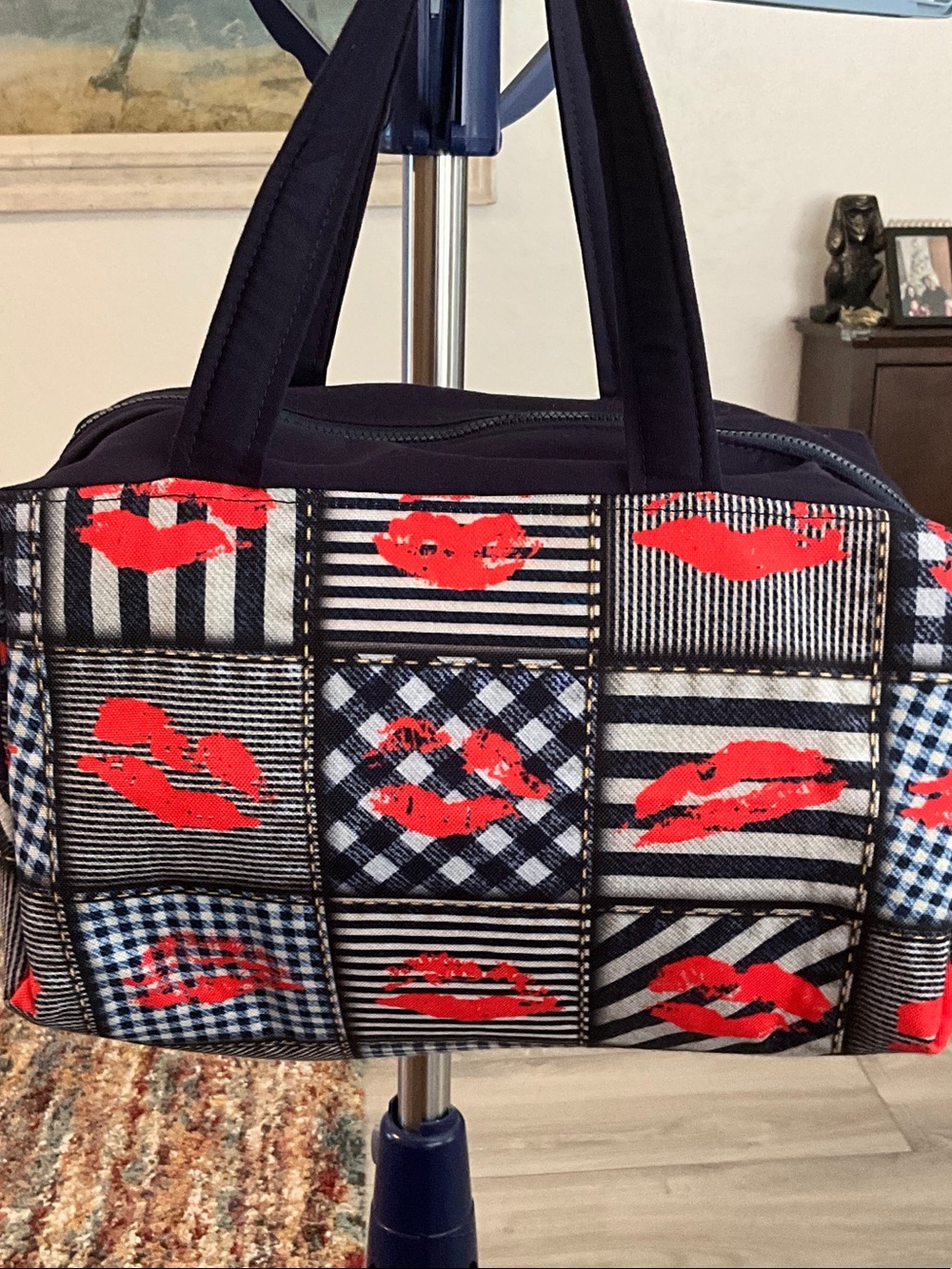 Women’s Navy Plaid Boxy Bag with Red Lip Print